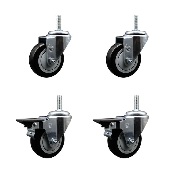 Service Caster 35 Inch Black Polyurethane Wheel Swivel 58 Inch Threaded Stem Caster Set 2 Brakes SCC SCC-TS20S3514-PPUB-BLK-58212-2-PLB-2 - main